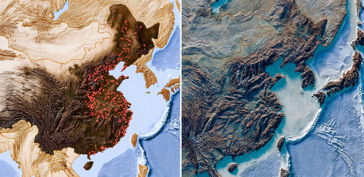 A split image showing a topographical map of China on the left and a similar map of Japan and Korea on the right, highlighting geographical features.