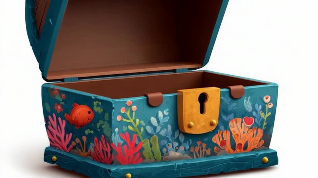 Stylized treasure chest with oceanic fish and coral patterns, cartoon style, isolated on white background, concept of fantasy adventure