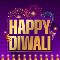 Happy Diwali Text with Crackers, Fireworks celebration with a glowing diya lamp, fireworks, and rangoli design on a pink background, wishing you a joyous and prosperous festival of lights	