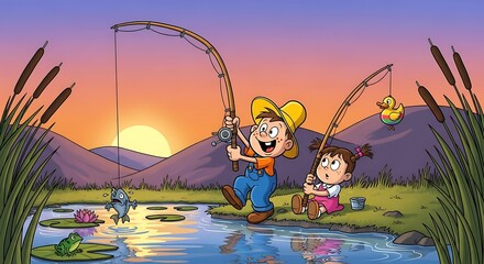 Children Fishing at Sunset Lakeside.