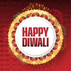 Happy Diwali Text with Crackers, Fireworks celebration with a glowing diya lamp, fireworks, and rangoli design on a pink background, wishing you a joyous and prosperous festival of lights	