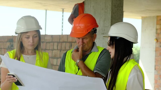 Ladies project managers and worker ponder over layout. Builder and engineers study floor plan standing in front of brick structure during shift