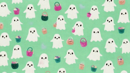 Fototapeta premium Cute Ghost Pattern on Mint Green Background for Festive Decor
