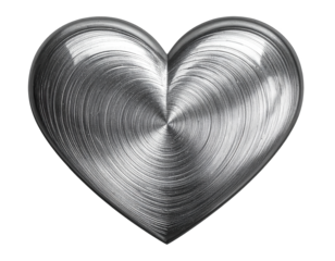 Rendered heart shape showcases textured metal surfaces with concentric circular patterns, offering a three-dimensional appearance against a solid black background.