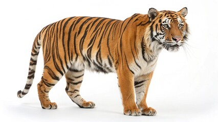Fototapeta premium Malayan Tiger with orange coat, black stripes, muscular build, and piercing eyes, standing on a clean white studio background, sharp focus, professional lighting, detailed wildlife photography