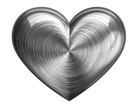Rendered heart shape showcases textured metal surfaces with concentric circular patterns, offering a three-dimensional appearance against a solid black background.