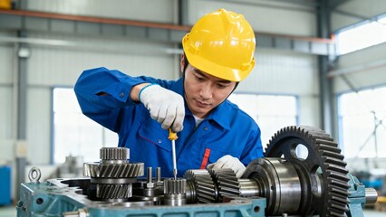 Worker repairing machinery in factory
