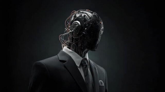 Humanoid robot with exposed wires and circuits wearing a business suit, photorealistic style, dark background, concept of artificial intelligence