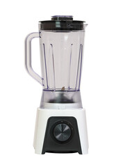 Clear blender with black knob control and white base isolated on transparent background showcasing blending pitcher with measurements.