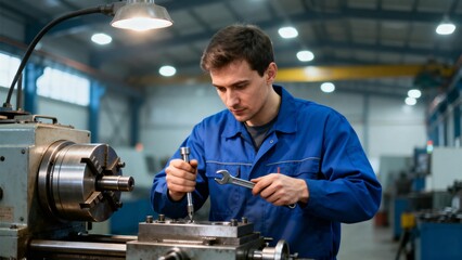 Worker operating machinery in factory