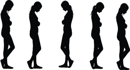 Black and white vector illustration of human silhouette standing side profile with arms crossed, posture study, introspection, repetition, minimalist design concept