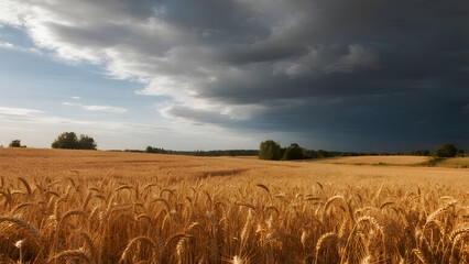 Golden wheat field under storm clouds