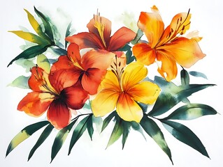 Floral Symphony: A vibrant watercolor painting showcases a stunning collection of lilies in full bloom, capturing the essence of nature's artistry.