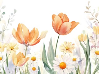 Blooming Delight: Vibrant watercolor illustration of a field of cheerful orange tulips and daisies, a celebration of spring's freshness.