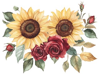 Golden Sunflower and Roses: Captivating floral arrangement featuring two radiant sunflowers and velvety red roses, an enchanting symphony of nature's colors and beauty.