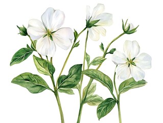 Elegant White Flower Botanical: A serene watercolor-style illustration showcasing the delicate beauty of pristine, pure white blossoms, embodying the essence of floral elegance and natural artistry.