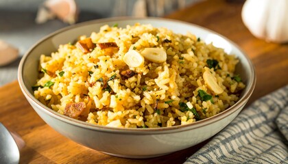 Bowl of flavorful rice dish with garlic and herbs