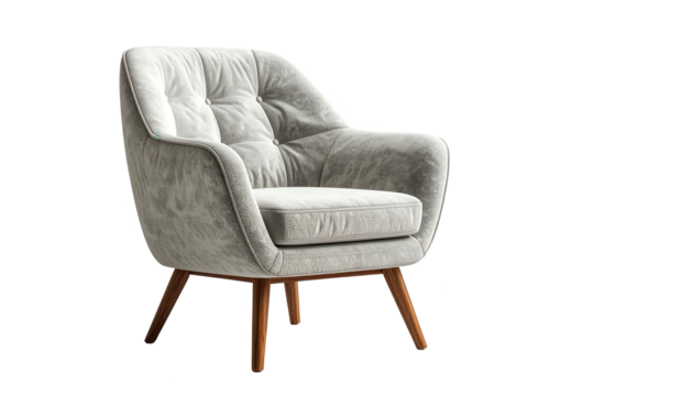 Comfortable upholstered armchair presents a stylish furniture design with its elegant light grey fabric and buttoned backrest, contrasted by wooden legs against a dark background.
