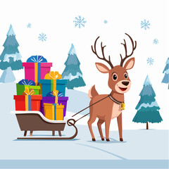 A joyful reindeer pulling a sled piled high with colorful gift boxes through snowy woods.