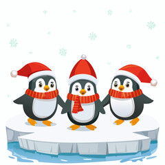 A group of cheerful penguins sliding on ice wearing Santa hats and scarves in frosty surroundings.
