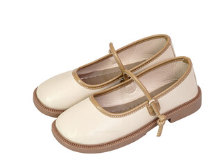 Cream shoes with brown trim and strap featuring classic round toe and sturdy sole isolated on transparent background. Ideal for children’s fashion, footwear, and elegant style themes.