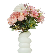 Artificial flower bouquet in a white vase with pastel peonies, hydrangeas, and green leaves. Elegant arrangement ideal for home decor, isolated on transparent background
