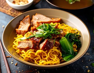 Bowl of golden noodles with savory pork