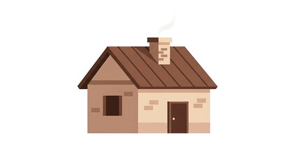 Cozy cartoon house with a brown roof and smoking chimney, isolated on a white background.