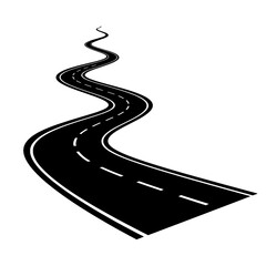 Winding Road Ahead: A minimalistic black and white depiction of a road with a distinct curve, signifying the journey and path forward.