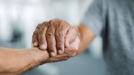 Fototapeta premium Close up of an elderly person s hand holding a younger hand symbolizing support care and rehabilitation