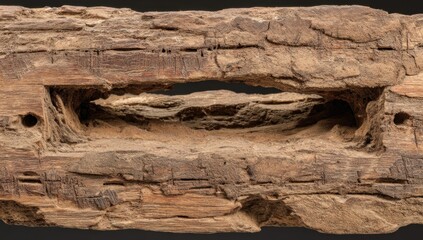 Close-up view of a weathered wooden beam, exhibiting intricate patterns of decay and erosion, creating a textured and aged aesthetic.