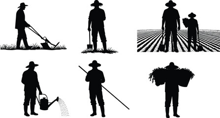 Obraz premium Silhouette set of farmers, with hoes, shovels, and watering cans, standing in a field and carrying a harvest on a white background