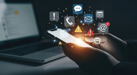 Mobile Technology and AI Integration: A person using a smartphone with floating app icons, showcasing modern communication and artificial intelligence.