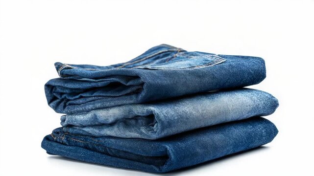 Three pairs of blue denim jeans neatly folded in a stack, realistic photography style, isolated on a white background, concept of fashion wear