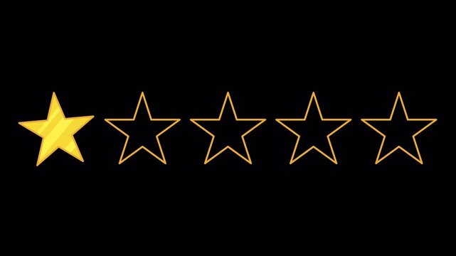 A five star rating row where the first star smoothly rotates clockwise and then counterclockwise in a seamless loop. 4k video with alpha channel on transparent background.