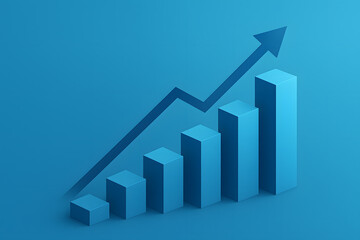 The financial bar chart with an up arrow illustrates business success and market growth on a blue background