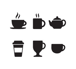 Collection of six coffee and tea beverage icons silhouettes for cafes and drinks