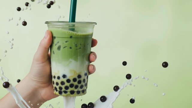 Refreshing green tea beverage with tapioca pearls and milk splash in vibrant scene