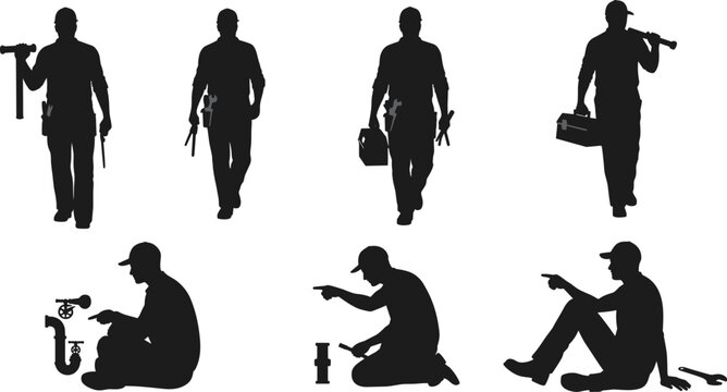 Silhouette collection of professional plumbers and handymen in various poses, including working with tools, walking, and sitting for repair and service concepts