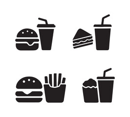Simple silhouette icons of fast food meals and drinks for convenience and quick service