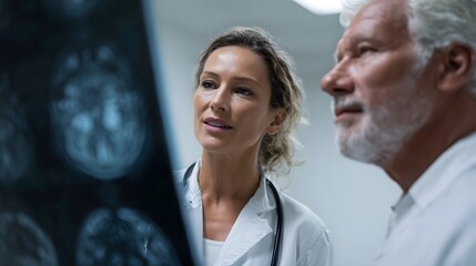 Female doctor explaining brain scan to senior patient in medical consultation