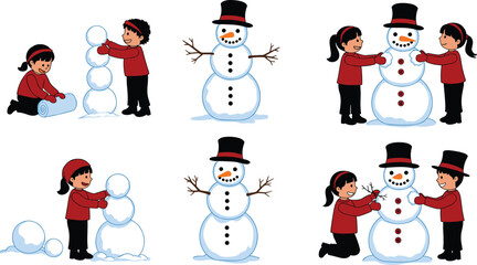Children building snowman step by step winter activity illustration, festive holiday vector design showing teamwork, outdoor play, decoration and celebration