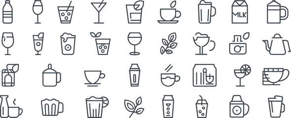 Drink and beverage icons, cups bottles and glasses, black and white line art, minimal drinkware graphics, cocktail coffee visuals, refreshment vector set