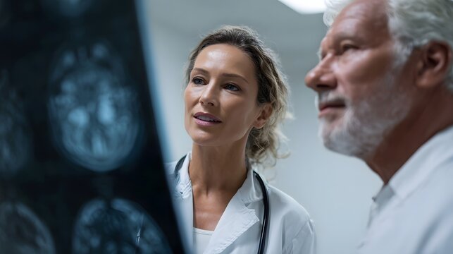 Female doctor explaining brain scan to senior patient in medical consultation