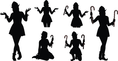 Christmas elf silhouette poses holding candy cane festive vector illustration, holiday character design for decoration, celebration, fantasy artwork and seasonal theme"