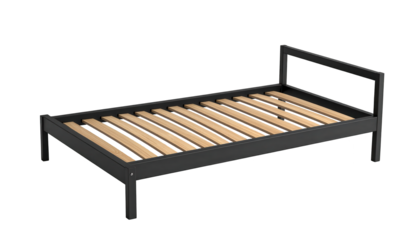 The bed frame presents a minimalist design, constructed with a dark-colored wooden frame and natural-toned wooden slats, providing a comfortable resting surface, showcasing a simple, contemporary...