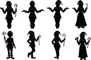 Christmas elf silhouettes holding candy canes festive holiday vector illustration playful characters winter decoration design isolated black silhouette artwork