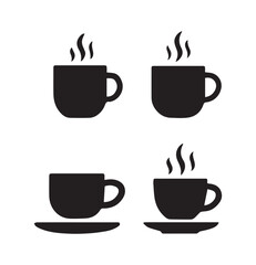 Four simple black silhouettes of coffee cups with steam representing warm beverages