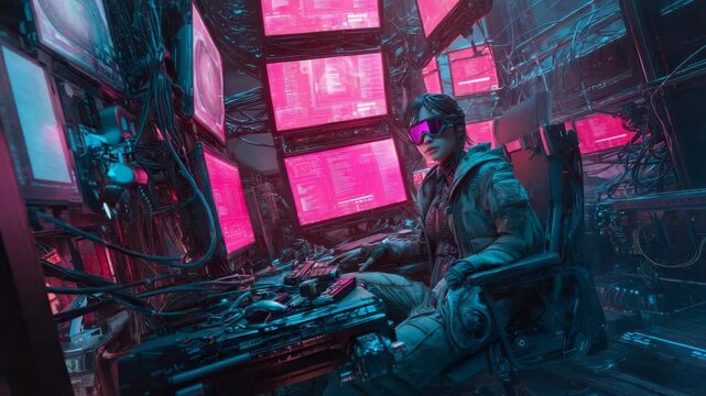 Futuristic female hacker using multiple bright pink screens in a dark cyberpunk lab, immersive sci-fi style, concept of hacking and surveillance