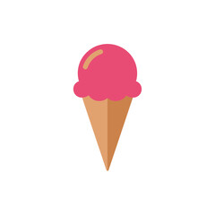 Flat design illustration of a single scoop of pink ice cream in a waffle cone on a white background, a sweet summer treat.
